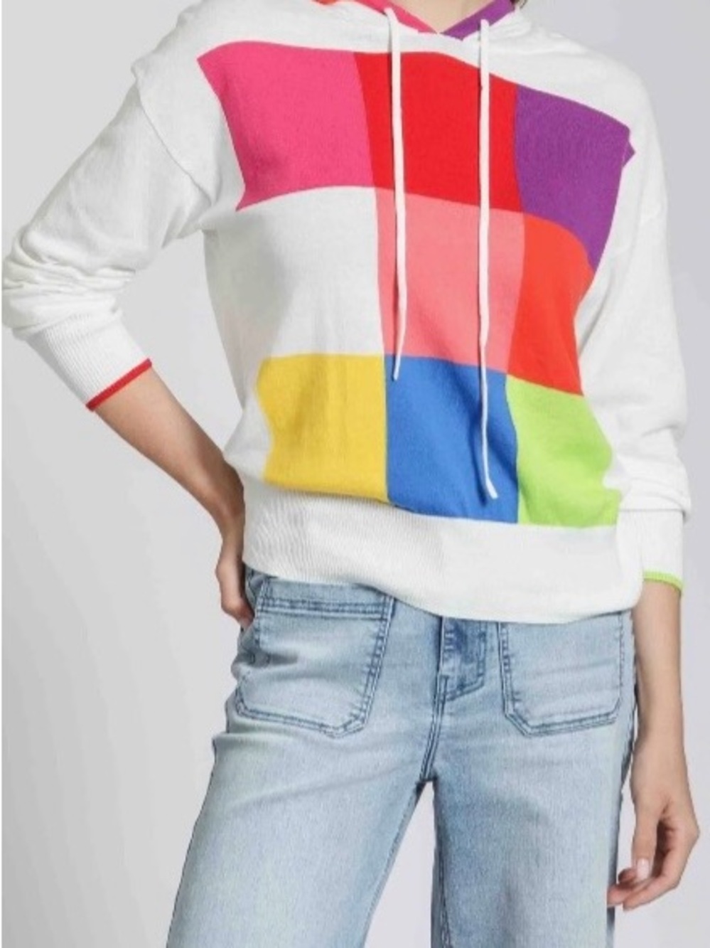 APNY Women’s White Hoodie with Multicolor Block Pattern Size XXL